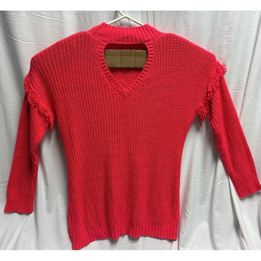 American Rag Cie Womens L Neon Pink Cable Knit Fringe Sweater Mock Neck Sz. L - Picture 3 of 6